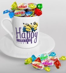 Kişiye Özel Happy Birthday Türk Kahvesi Fincanı ve Haribo Şeker Hediye Seti-5
