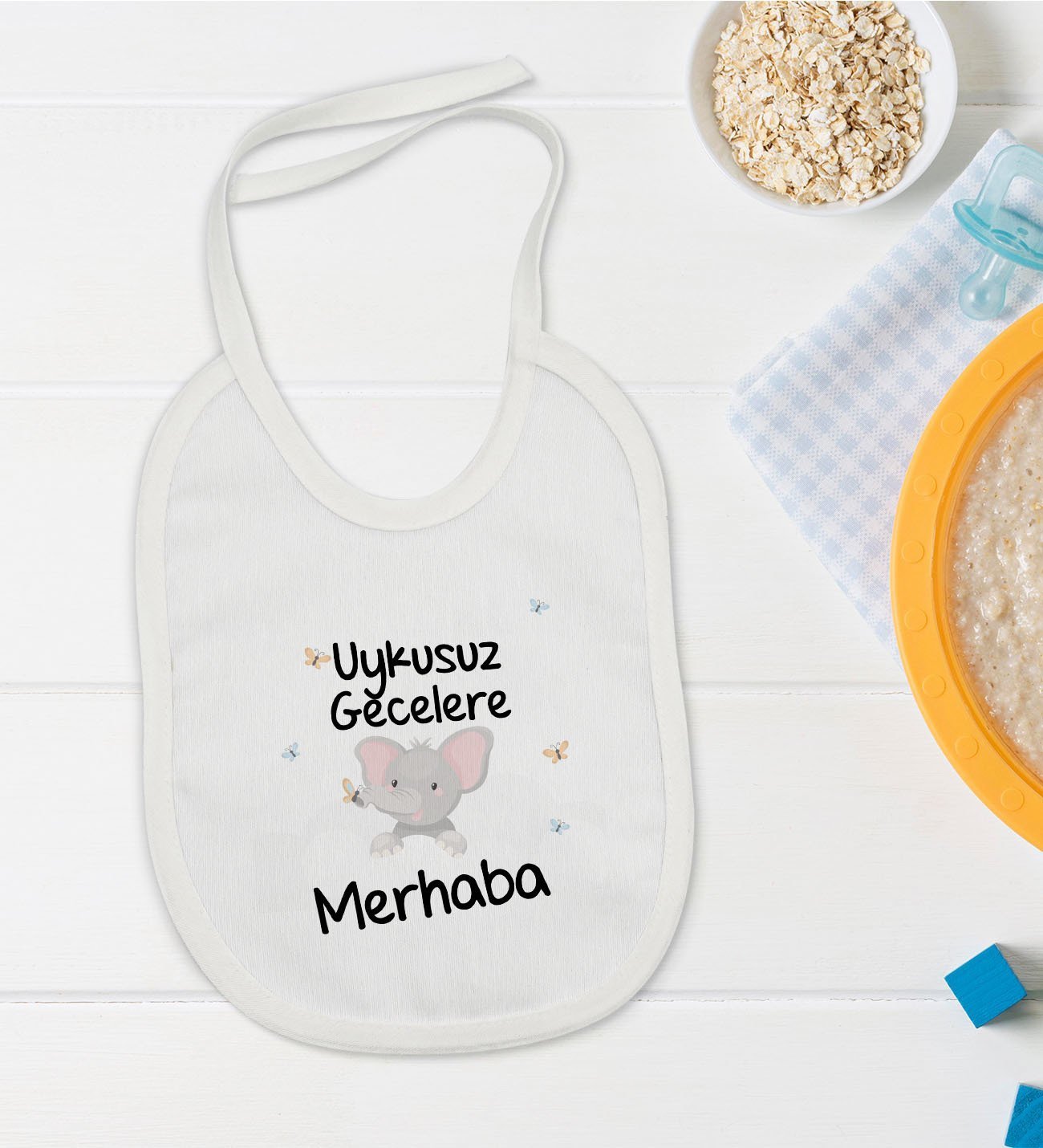BK Kids Uykusuz Gecelere Merhaba Tasarımlı Bebek Mama Önlüğü - Model 1