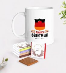 Kişiye Özel Almanca Öğretmeni Beyaz Kupa ve Çikolata Hediye Seti