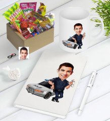 Kişiye Özel Bay Trafik Polisi Karikatürlü Nostaljik Lezzetler Defter Kalem Kupa Hediye Seti