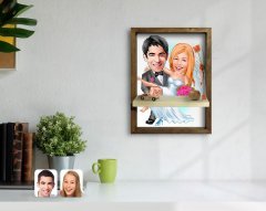 Kişiye Özel Evleniyoruz Karikatürlü Doğal Masif Ahşap Çerçeveli Tablo Duvar Rafı-9
