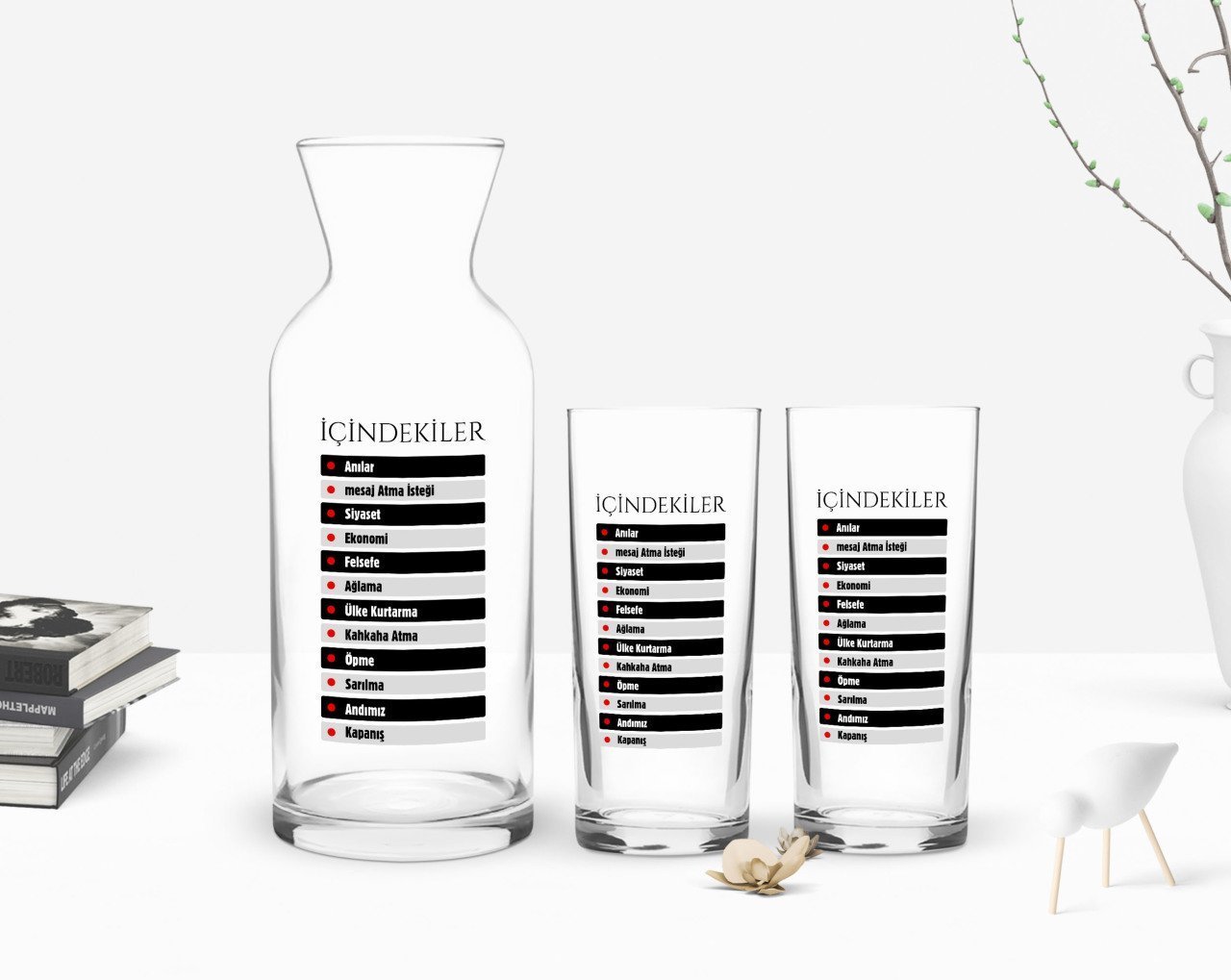 Kişiye Özel Renkli Baskılı İçindekiler Tasarımlı İkili Rakı Bardağı ve Karaf Hediye Seti-1