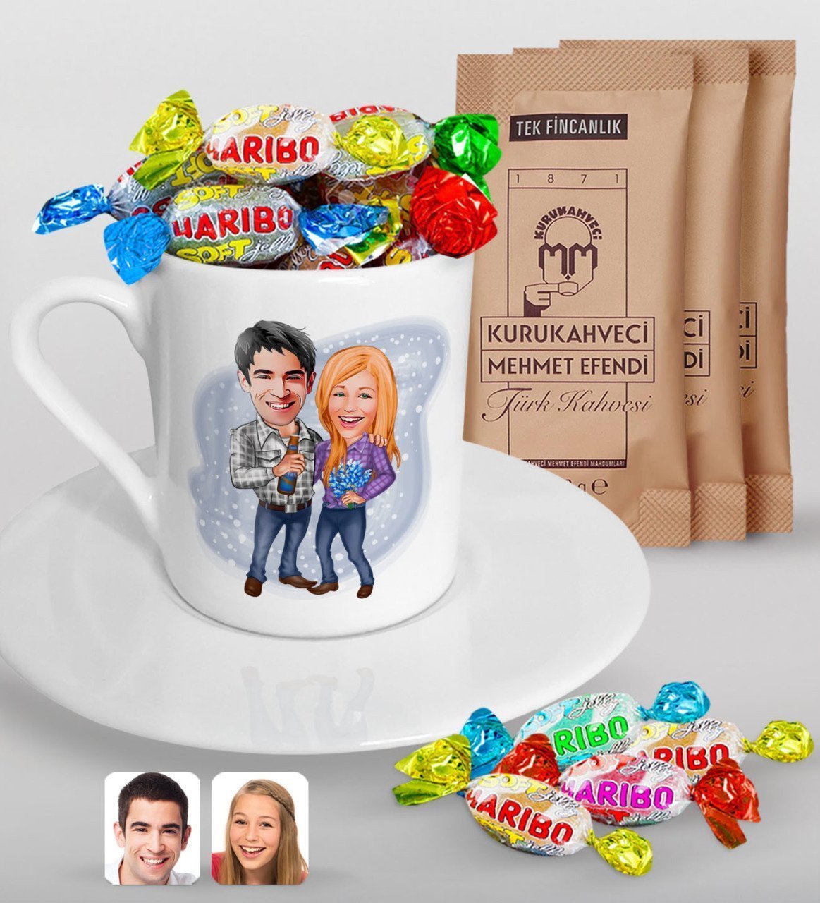 Kişiye Özel Sevgililer Karikatürlü Türk Kahvesi Fincanı Mehmet Efendi Kahve ve Haribo Şeker Hediye Seti-50