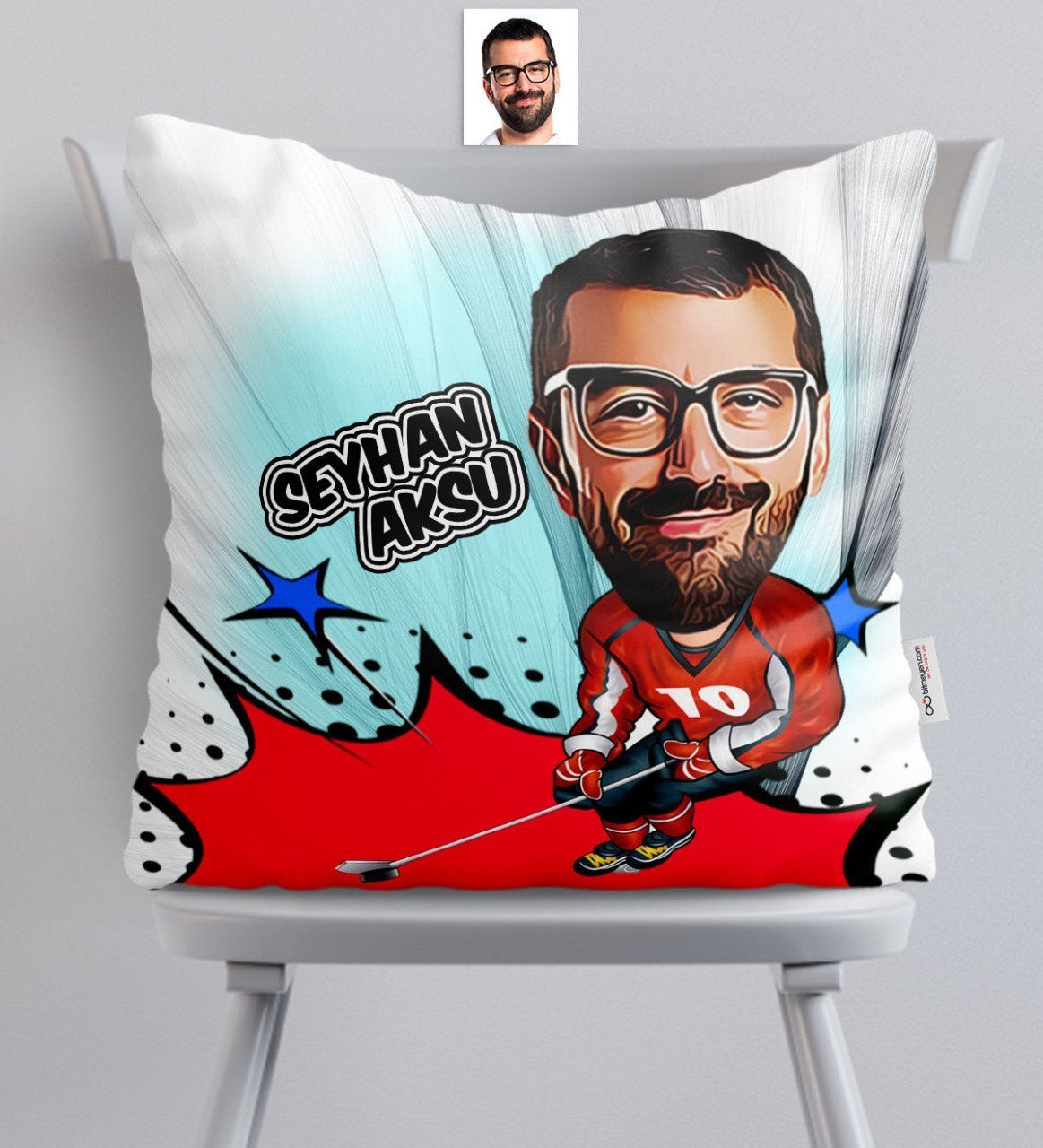 Kişiye Özel Bay Hokey Oyuncu Karikatürlü Saten Yastık