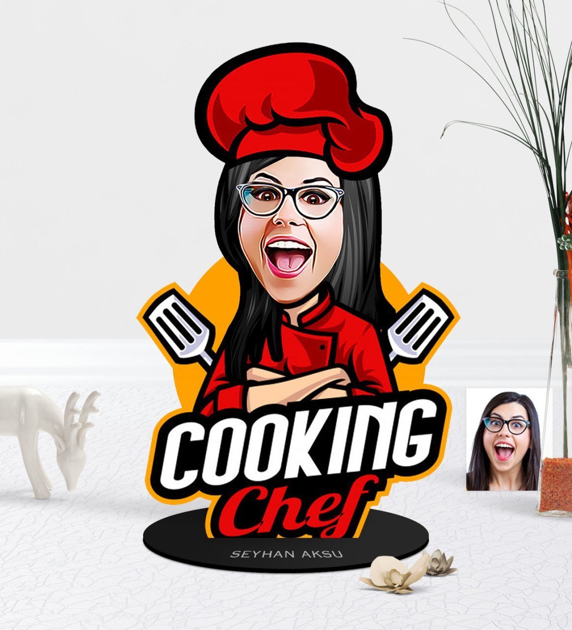 Kişiye Özel Bayan Chef Karikatürlü Ahşap Biblo-11