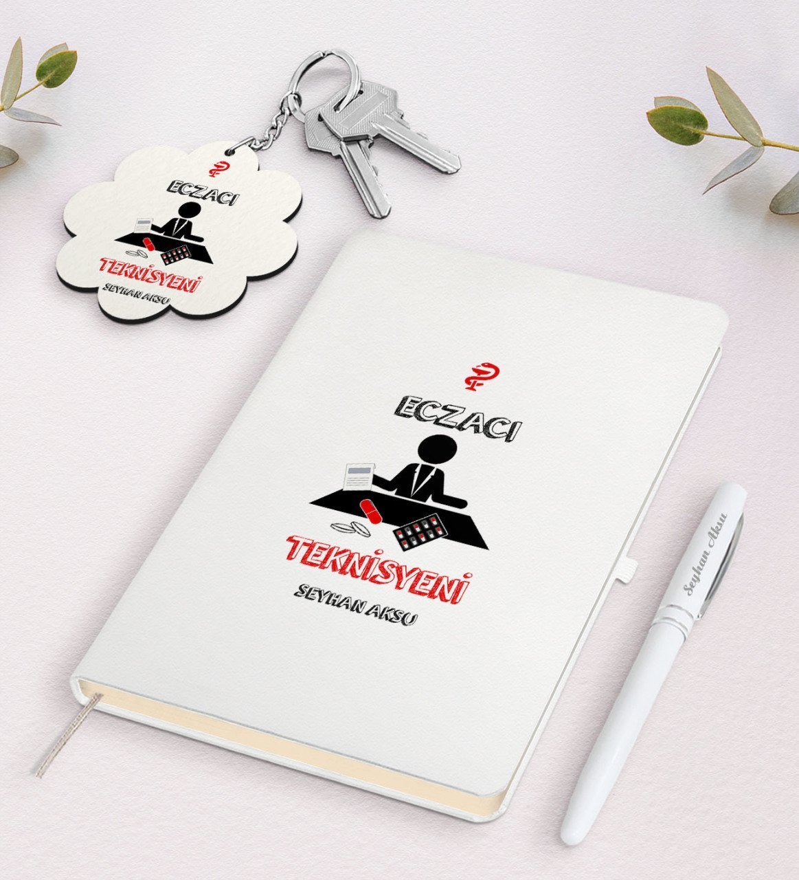 Kişiye Özel Eczacı Teknisyeni Beyaz Defter Kalem ve Anahtarlık Hediye Seti-3