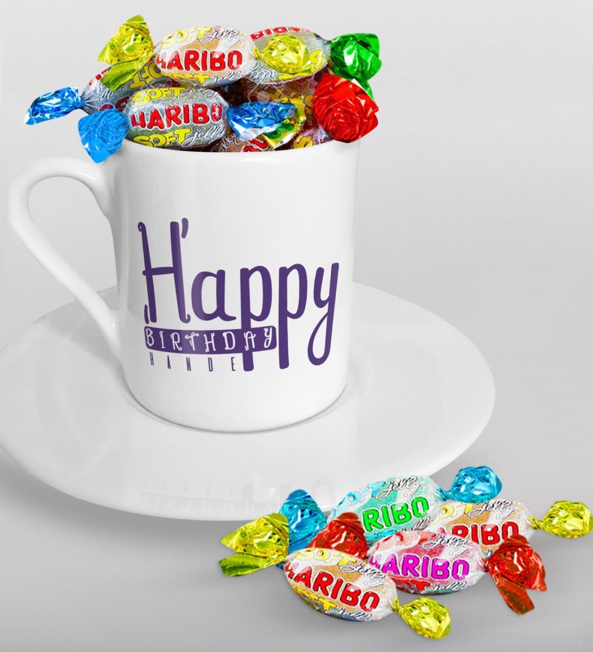 Kişiye Özel Happy Birthday Türk Kahvesi Fincanı ve Haribo Şeker Hediye Seti-3