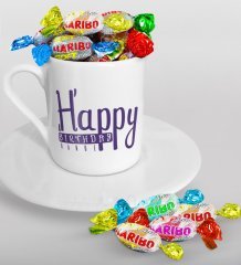 Kişiye Özel Happy Birthday Türk Kahvesi Fincanı ve Haribo Şeker Hediye Seti-3