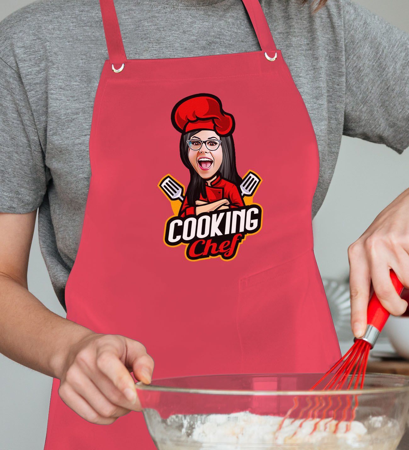 BK Gift Kişiye Özel Kadın Chef Karikatürlü Profesyonel Kırmızı Mutfak Önlüğü, Aşçı Önlüğü, Şef Önlüğü, Arkadaşa Hediye-5
