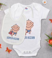 BK Kids Süper Kızan Tasarımlı Beyaz Bebek Body Zıbın ve Mama Önlüğü Hediye Seti-1