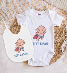 BK Kids Süper Kızan Tasarımlı Beyaz Bebek Body Zıbın ve Mama Önlüğü Hediye Seti-1