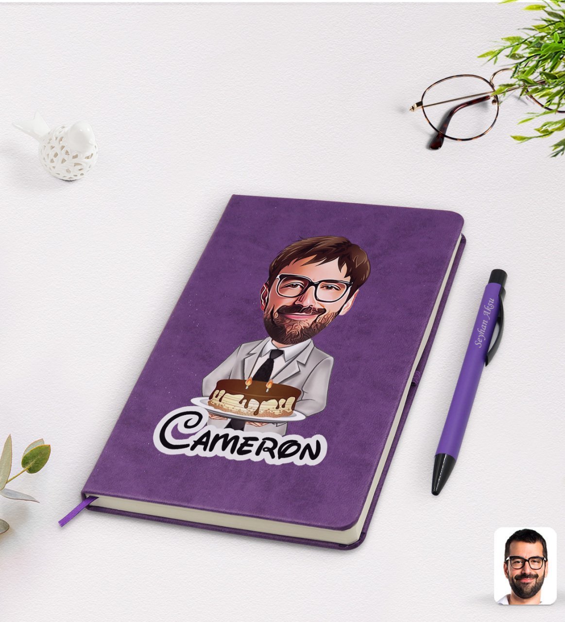 Kişiye Özel Erkek Doğum Günü Karikatürlü Mor Termo Deri Defter Kalem Seti Model 4