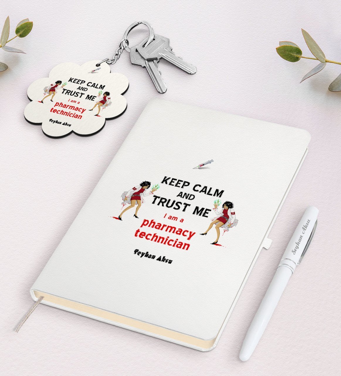 Kişiye Özel Eczacı Teknisyeni Beyaz Defter Kalem ve Anahtarlık Hediye Seti-2