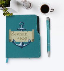 Kişiye Özel Çapa Tasarımlı Turkuaz Termo Deri Defter Kalem Seti-3
