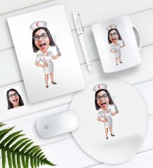 Kişiye Özel Hemşire Karikatürlü Defter Kalem Kupa Mouse Pad Seti-1