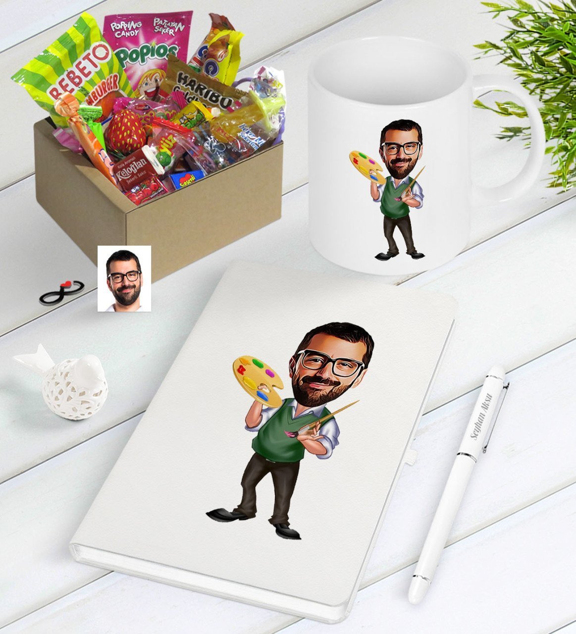 Kişiye Özel Bay Ressam Karikatürlü Nostaljik Lezzetler Defter Kalem Kupa Hediye Seti