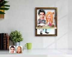 Kişiye Özel Evleniyoruz Karikatürlü Doğal Masif Ahşap Çerçeveli Tablo Duvar Rafı-7