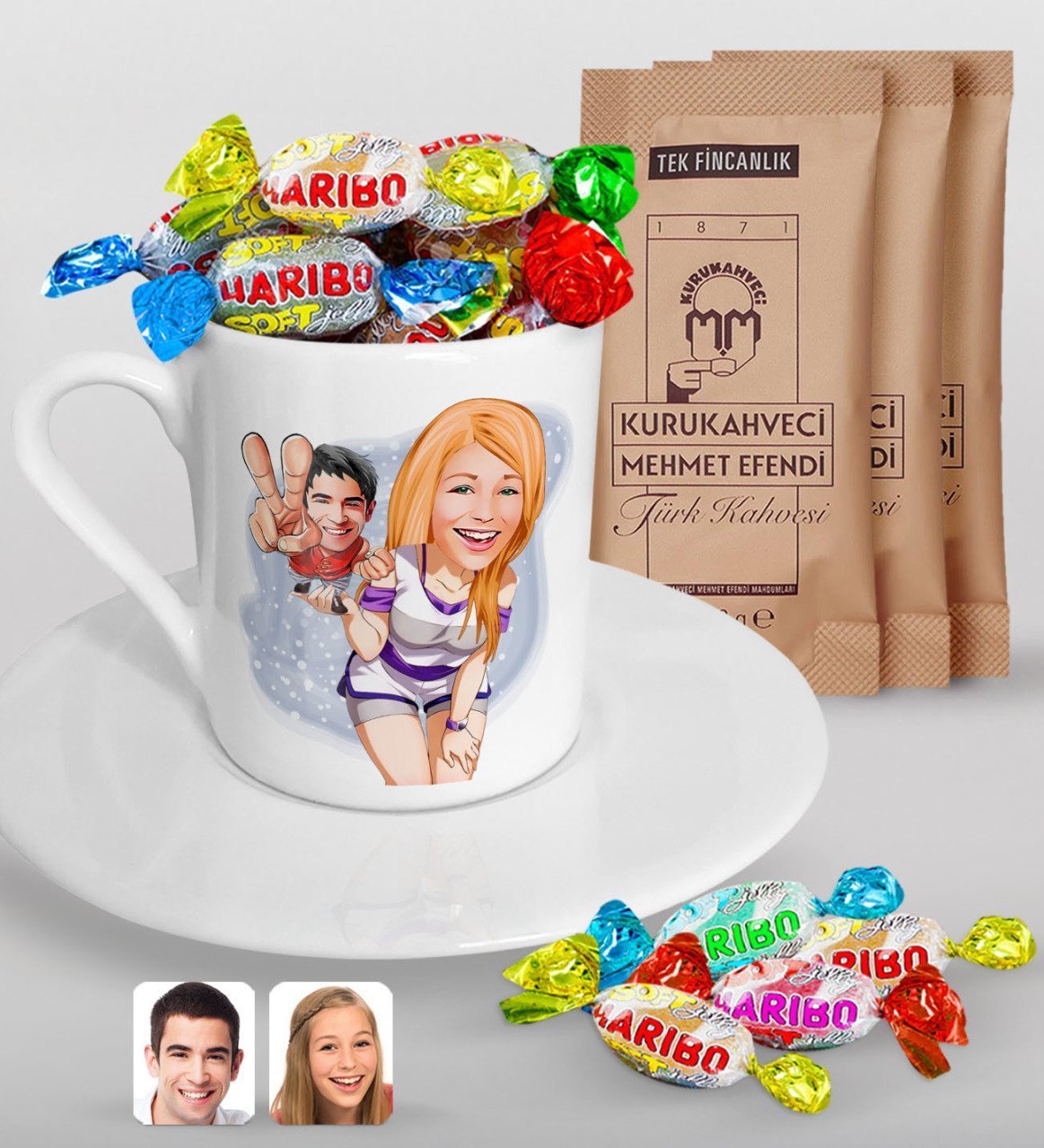 Kişiye Özel Sevgililer Karikatürlü Türk Kahvesi Fincanı Mehmet Efendi Kahve ve Haribo Şeker Hediye Seti-30