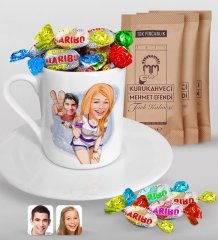 Kişiye Özel Sevgililer Karikatürlü Türk Kahvesi Fincanı Mehmet Efendi Kahve ve Haribo Şeker Hediye Seti-30