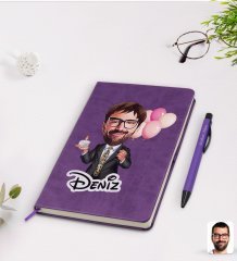 Kişiye Özel Erkek Doğum Günü Karikatürlü Mor Termo Deri Defter Kalem Seti Model 3