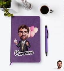 Kişiye Özel Erkek Doğum Günü Karikatürlü Mor Termo Deri Defter Kalem Seti Model 3