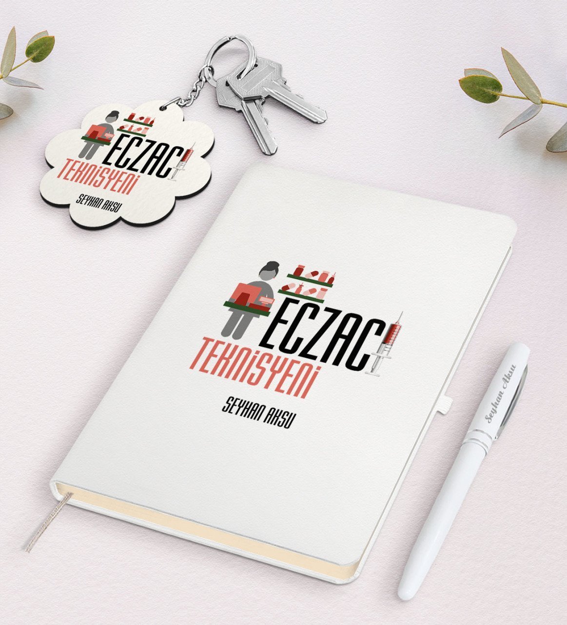 Kişiye Özel Eczacı Teknisyeni Beyaz Defter Kalem ve Anahtarlık Hediye Seti-1