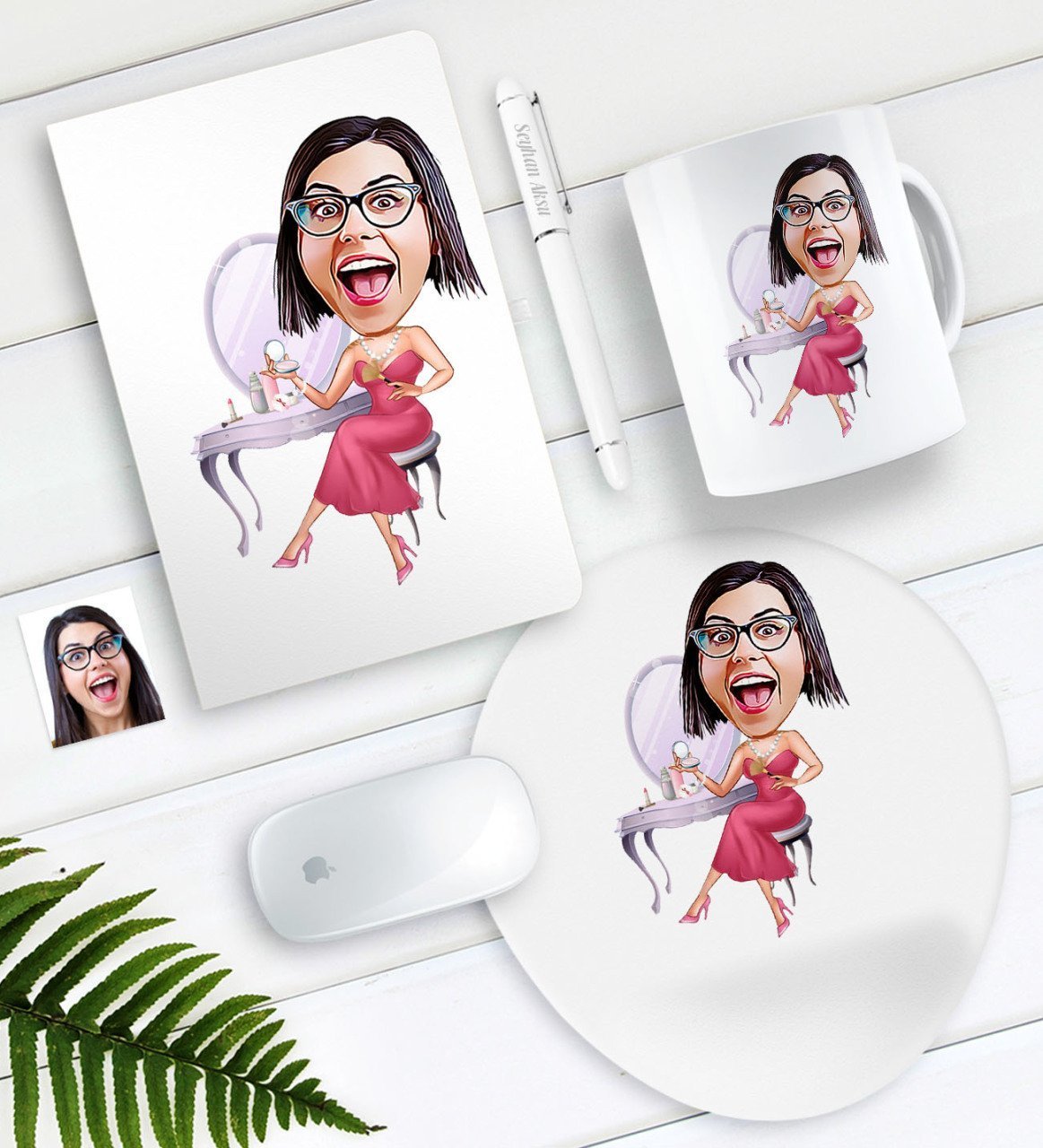 Kişiye Özel Bayan Karikatürlü Defter Kalem Kupa Mouse Pad Seti-23