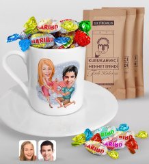 Kişiye Özel Sevgililer Karikatürlü Türk Kahvesi Fincanı Mehmet Efendi Kahve ve Haribo Şeker Hediye Seti-19