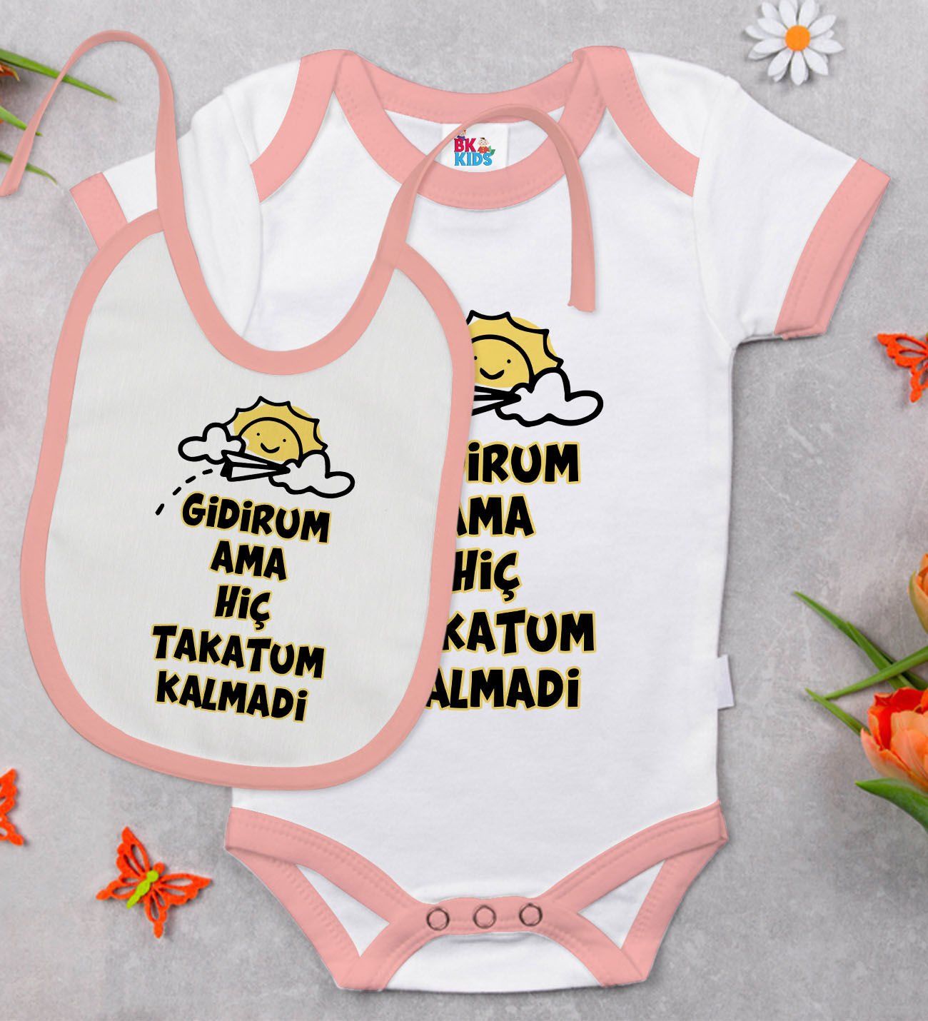 BK Kids Takatum Kalmadi Tasarımlı Pembe Bebek Body Zıbın ve Mama Önlüğü Hediye Seti-1