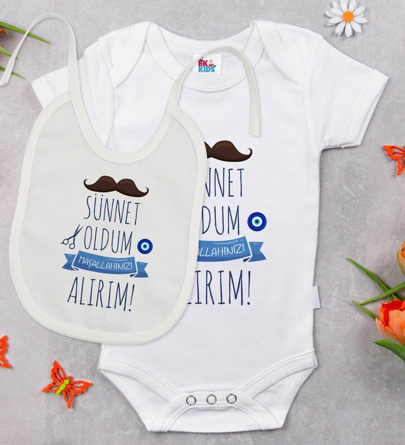 BK Kids Sünnet Tasarımlı Beyaz Bebek Body Zıbın ve Mama Önlüğü Hediye Seti-6