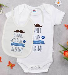 BK Kids Sünnet Tasarımlı Beyaz Bebek Body Zıbın ve Mama Önlüğü Hediye Seti-6