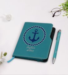 Kişiye Özel Çapa Tasarımlı Turkuaz Termo Deri Defter Kalem Seti-1