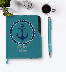 Kişiye Özel Çapa Tasarımlı Turkuaz Termo Deri Defter Kalem Seti-1