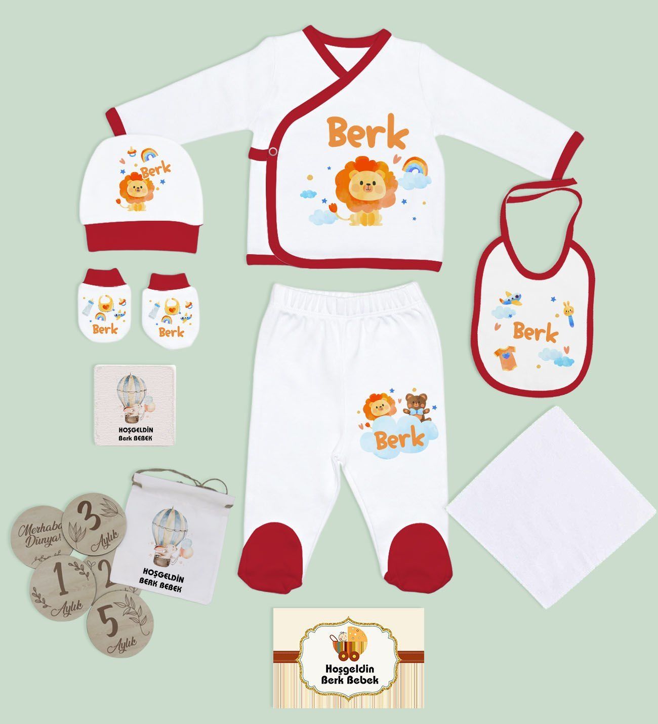 BK Kids Kişiye Özel Kırmızı Hastane Çıkışı,Bebek Anı Kartı,Yeni Doğan Bebek Giyim Hediyesi,9 Parça Bebek Hediye Seti-4
