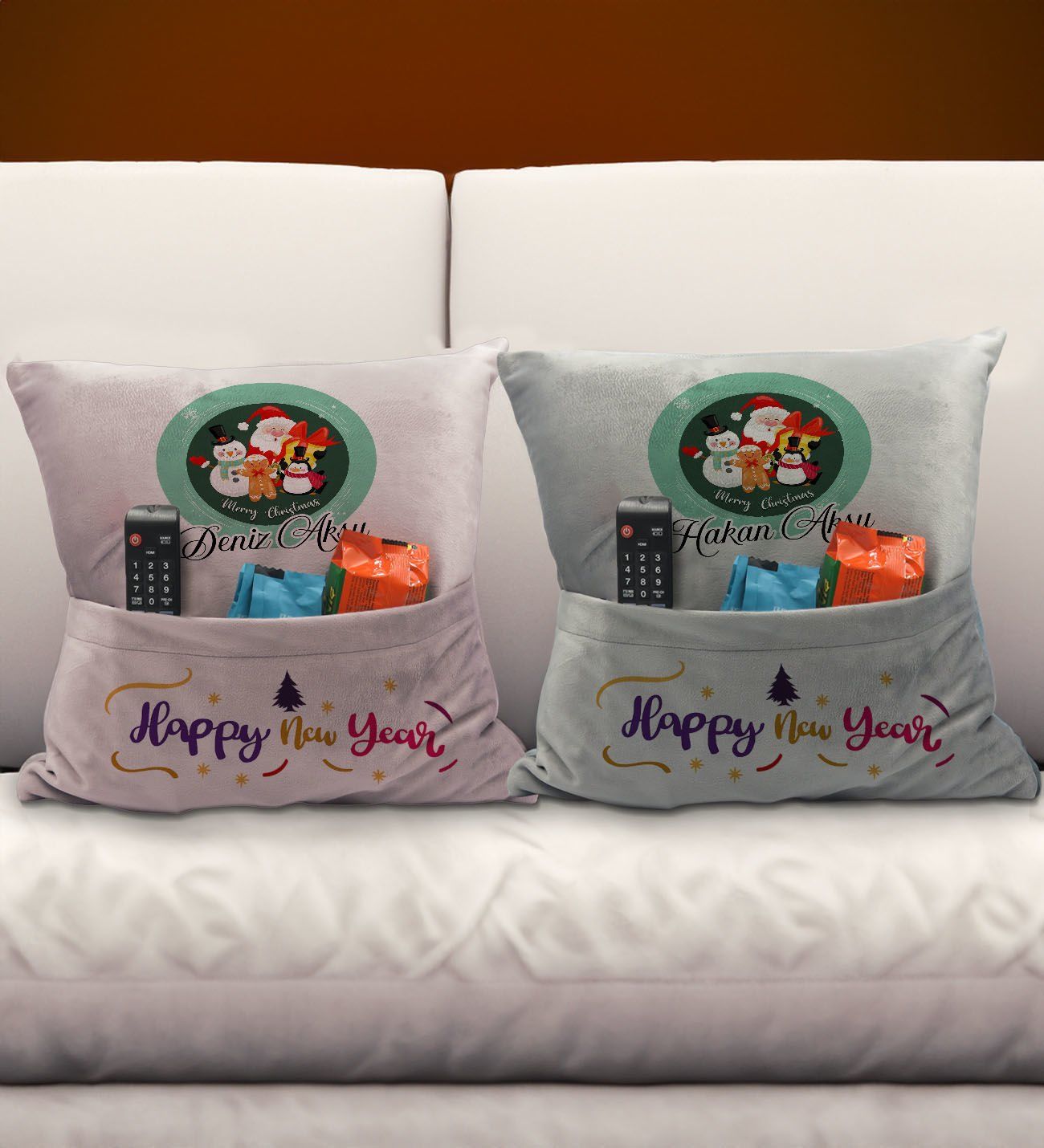 BK Gift Kişiye Özel Yılbaşı Tasarımlı 2'li Organizer Kumanda ve Atıştırmalık Cepli Pembe&Gri Kırlent Yastık- 7, Yılbaşı Hediyesi, Yeni Yıl Hediyeleri