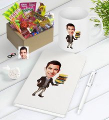 Kişiye Özel Bay Öğretmen Karikatürlü Nostaljik Lezzetler Defter Kalem Kupa Hediye Seti-8