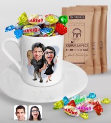 Kişiye Özel Sevgililer Karikatürlü Türk Kahvesi Fincanı Mehmet Efendi Kahve ve Haribo Şeker Hediye Seti-18
