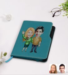 Kişiye Özel Sevgililer Karikatürlü Turkuaz Termo Deri Defter-110