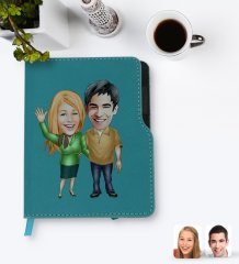 Kişiye Özel Sevgililer Karikatürlü Turkuaz Termo Deri Defter-110