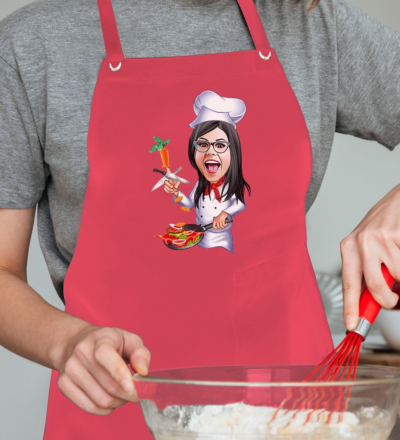BK Gift Kişiye Özel Kadın Chef Karikatürlü Profesyonel Kırmızı Mutfak Önlüğü, Aşçı Önlüğü, Şef Önlüğü, Arkadaşa Hediye-2