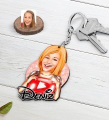 Kişiye Özel Kadın Youtuber Karikatürlü Ahşap Anahtarlık-1