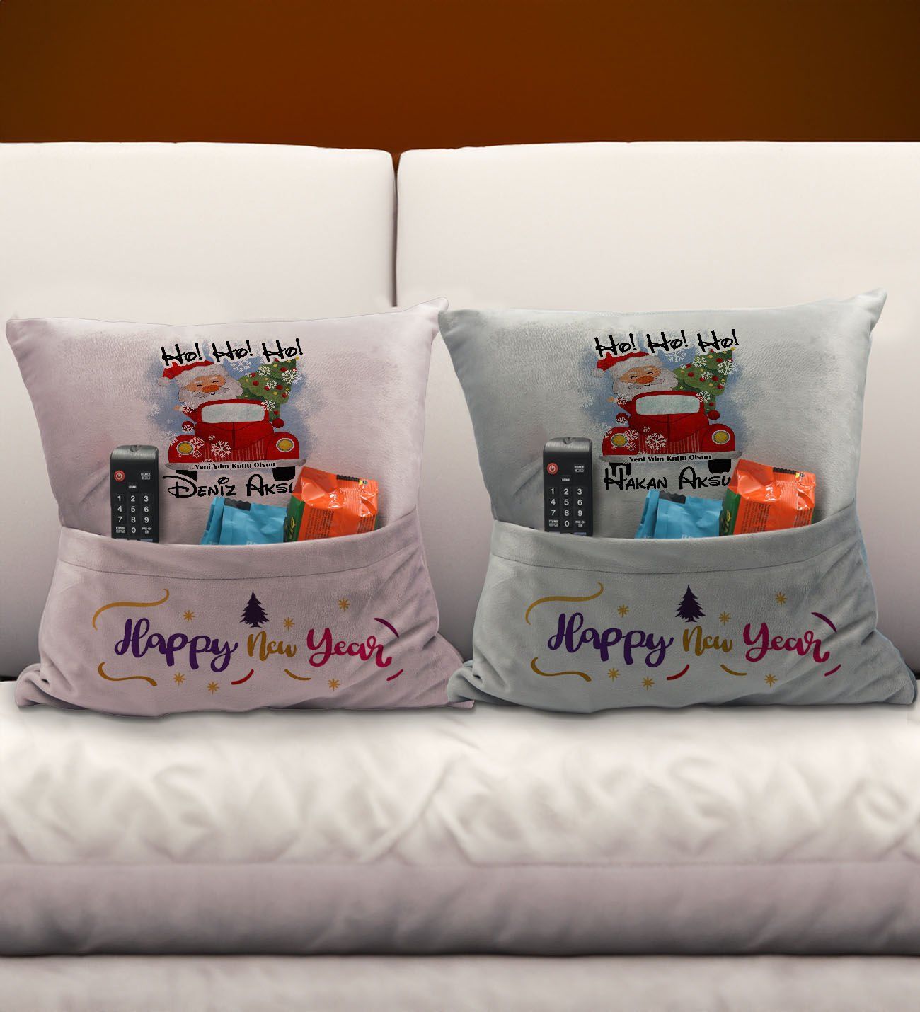 BK Gift Kişiye Özel Yılbaşı Tasarımlı 2'li Organizer Kumanda ve Atıştırmalık Cepli Pembe&Gri Kırlent Yastık- 6, Yılbaşı Hediyesi, Yeni Yıl Hediyeleri