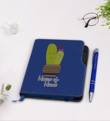 Kişiye Özel Kaktüs Tasarımlı Lacivert Termo Deri Defter Kalem Seti-13