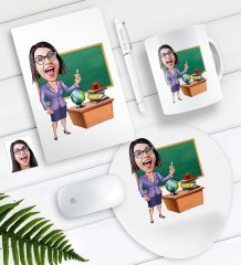 Kişiye Özel Bayan Öğretmen Karikatürlü Defter Kalem Kupa Mouse Pad Seti