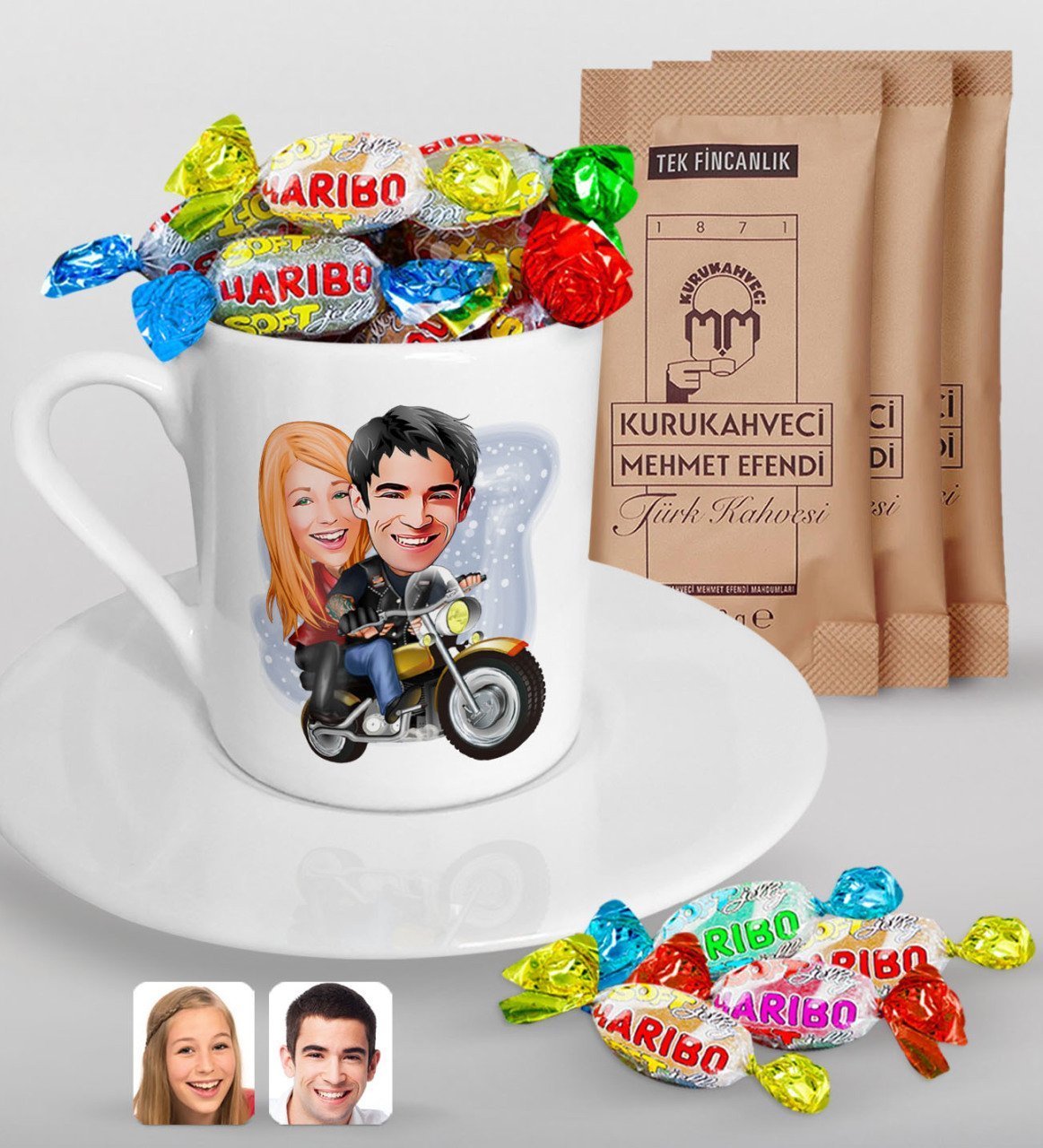 Kişiye Özel Sevgililer Karikatürlü Türk Kahvesi Fincanı Mehmet Efendi Kahve ve Haribo Şeker Hediye Seti-17
