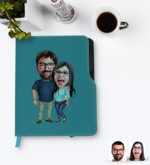 Kişiye Özel Sevgililer Karikatürlü Turkuaz Termo Deri Defter-109