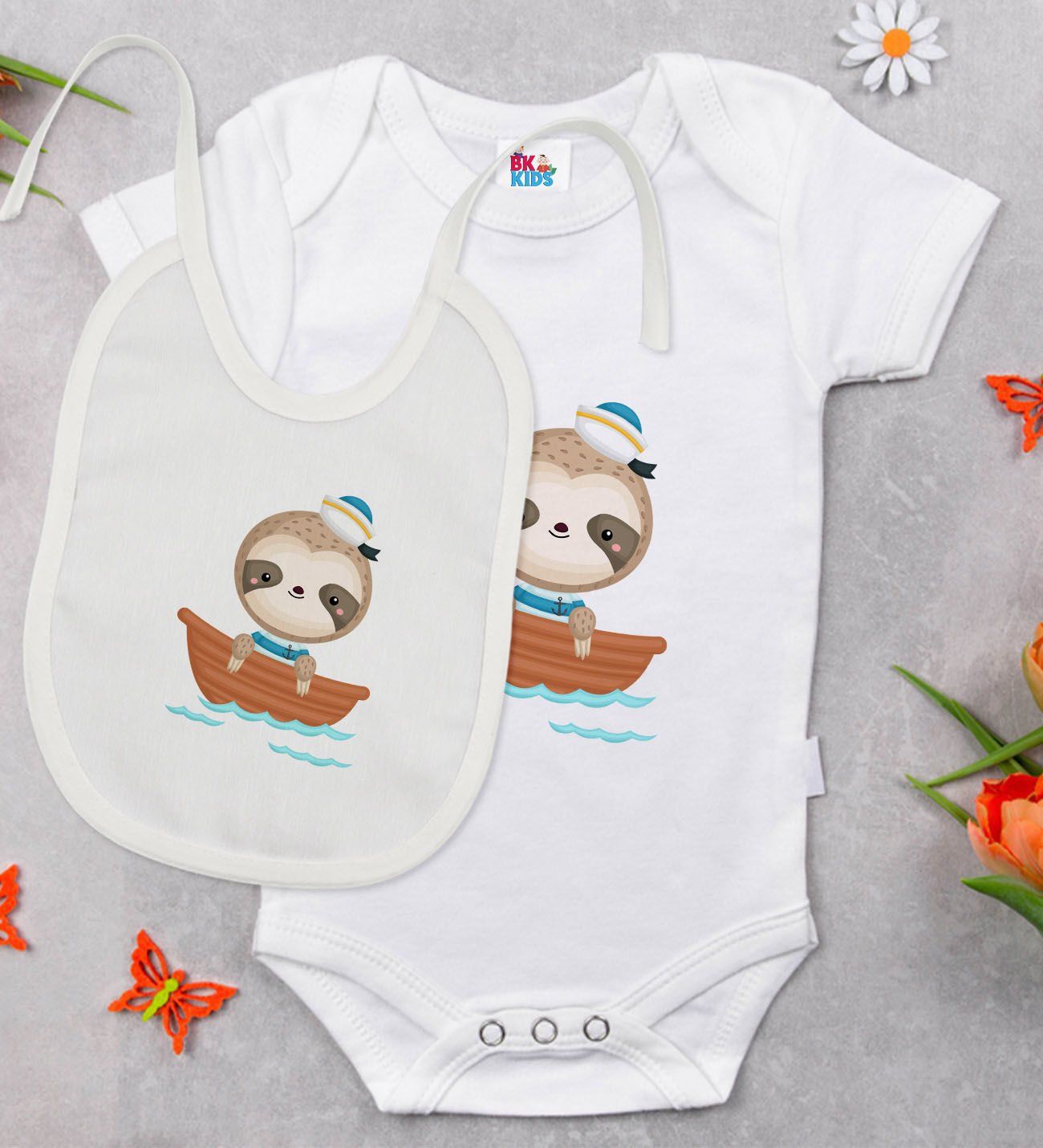 BK Kids Sevimli Denizci Tasarımlı Beyaz Bebek Body Zıbın ve Mama Önlüğü Hediye Seti-1