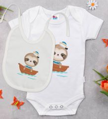 BK Kids Sevimli Denizci Tasarımlı Beyaz Bebek Body Zıbın ve Mama Önlüğü Hediye Seti-1