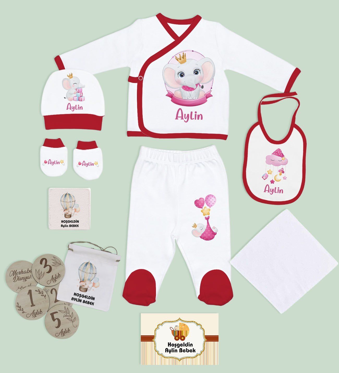 BK Kids Kişiye Özel Kırmızı Hastane Çıkışı,Bebek Anı Kartı,Yeni Doğan Bebek Giyim Hediyesi,9 Parça Bebek Hediye Seti-2