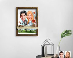 Kişiye Özel Evleniyoruz Karikatürlü Doğal Masif Ahşap Çerçeveli Tablo Duvar Rafı-3